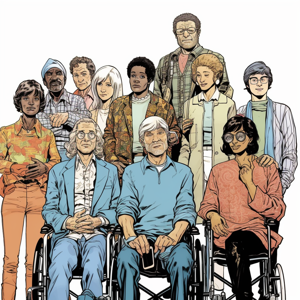 A generative art created using MidJourney, where it illustrates a diverse group of people using Neal Adams's painting style.