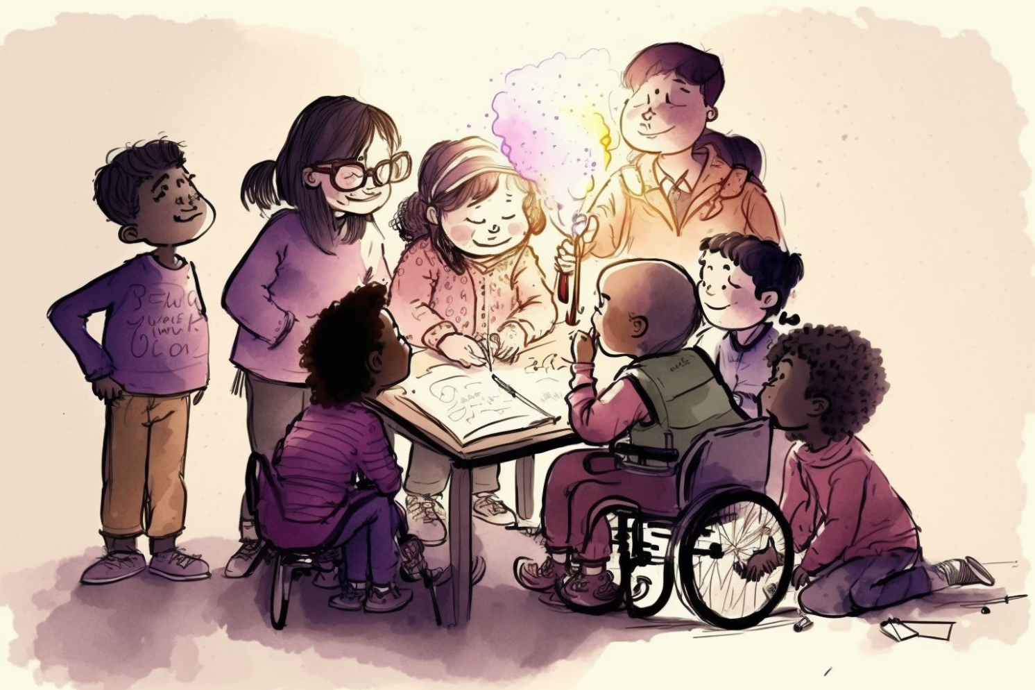 A heartwarming illustration showcases a vibrant, multicultural group of children, featuring a spirited boy in a wheelchair, as they joyfully collaborate to find a solution in a truly inclusive manner.