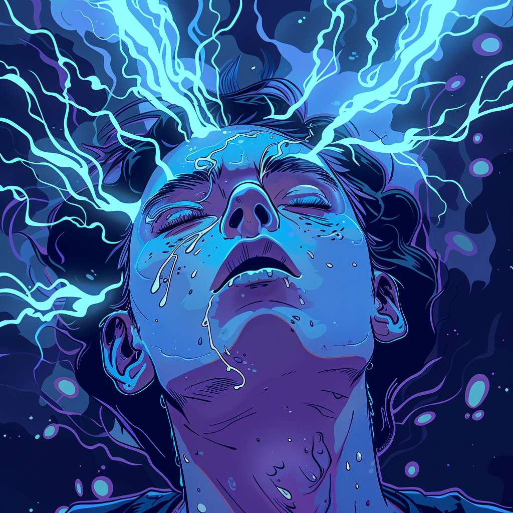 This evocative digital illustration captures the intensity of an epileptic seizure. The young person depicted has their head tilted back, eyes closed, and mouth slightly open, conveying overwhelming sensation and loss of control. Electric blue lightning-like streaks emanate from their head, symbolizing the chaotic electrical activity in the brain during a seizure.