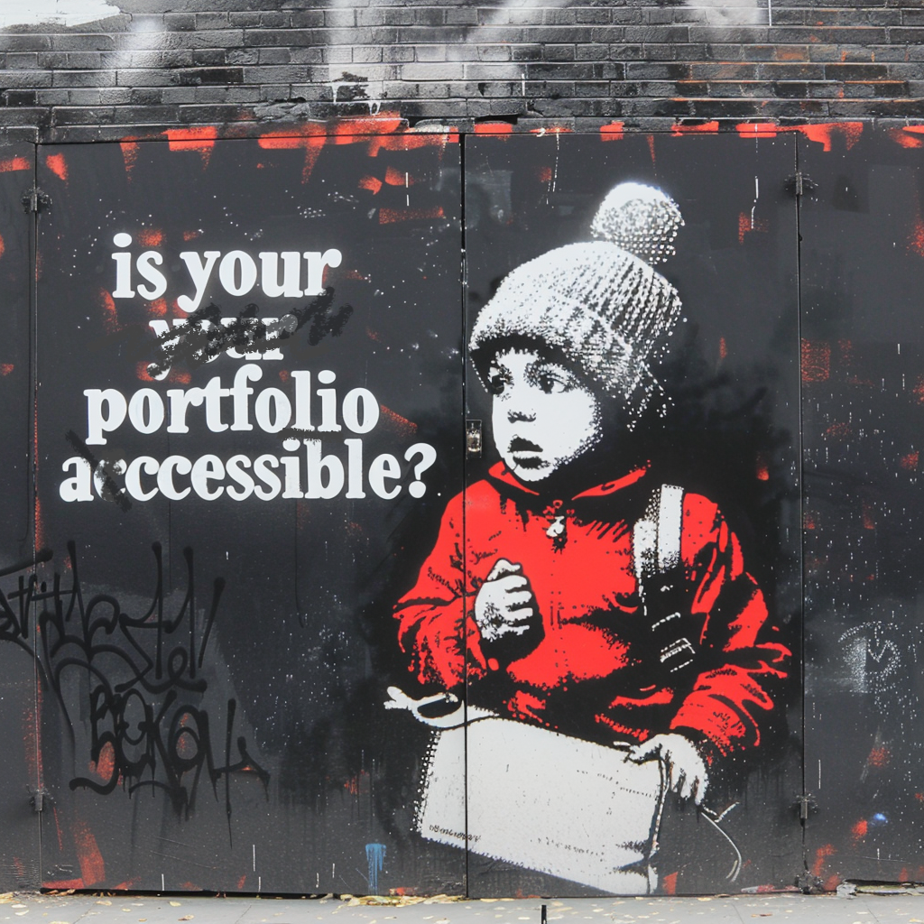 The image features a piece of graffiti art in a style reminiscent of Banksy. It depicts a young child wearing a red jacket and a knitted hat. The child is looking to the side, holding a bag. The background is predominantly black with some graffiti tags in the lower left corner.The main text in white, bold letters reads: Is your portfolio accessible?