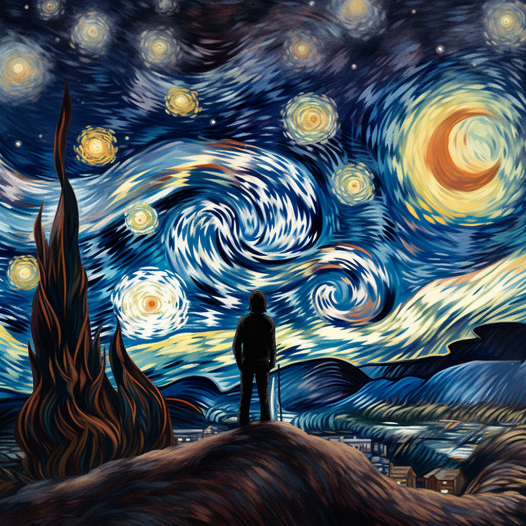 A lone figure stands on a hilltop, overlooking at a village below. The night sky swirls with bright, twinkling stars in Van Gogh's Starry Night.