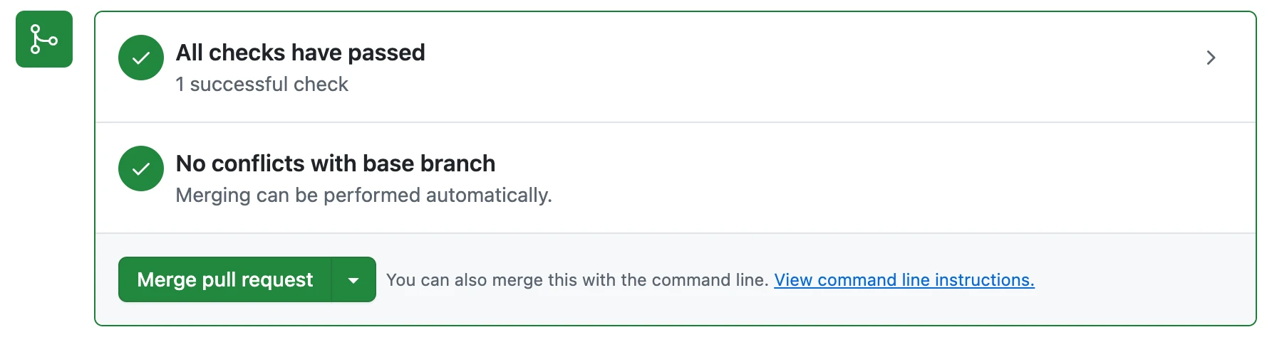 GitHub's merge box on a pull request, every row of it green. A tick beside All checks have passed, with one successful check counted underneath. A second tick beside No conflicts with base branch, and under that the line saying merging can be performed automatically. A green Merge pull request button waits at the bottom, next to an offer to do the same thing from the command line.