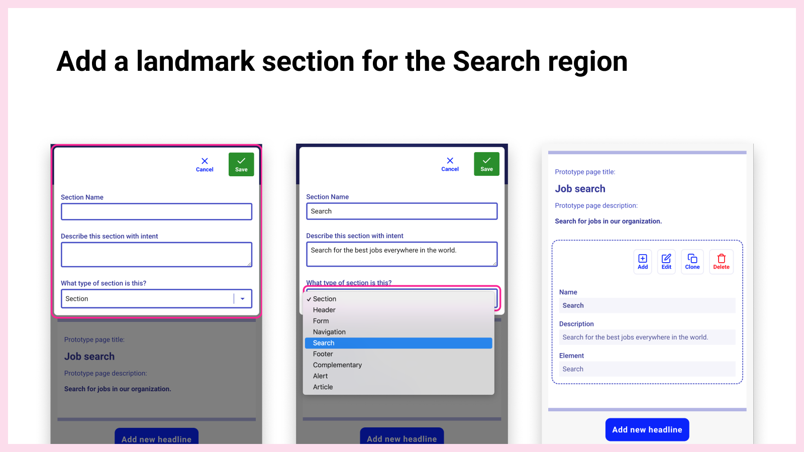 Keyboard-only users need different ways to navigate web pages. Adding properly named and described sections enable keyboard-only users to jump direct to a portion of the page.