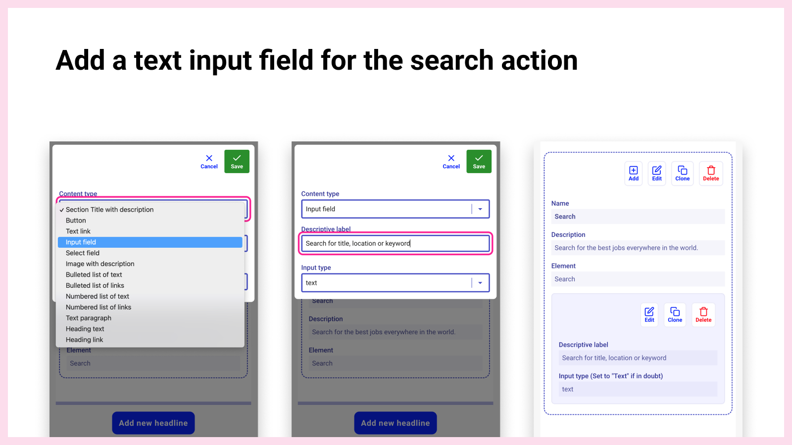 In the illustration above, the label describes the function of the input form control, and generally appears adjacent to it. Sighted users make the connection visually, but others cannot. Adding a well-described label will ensure screen readers announce the text label when the user navigates to the input.