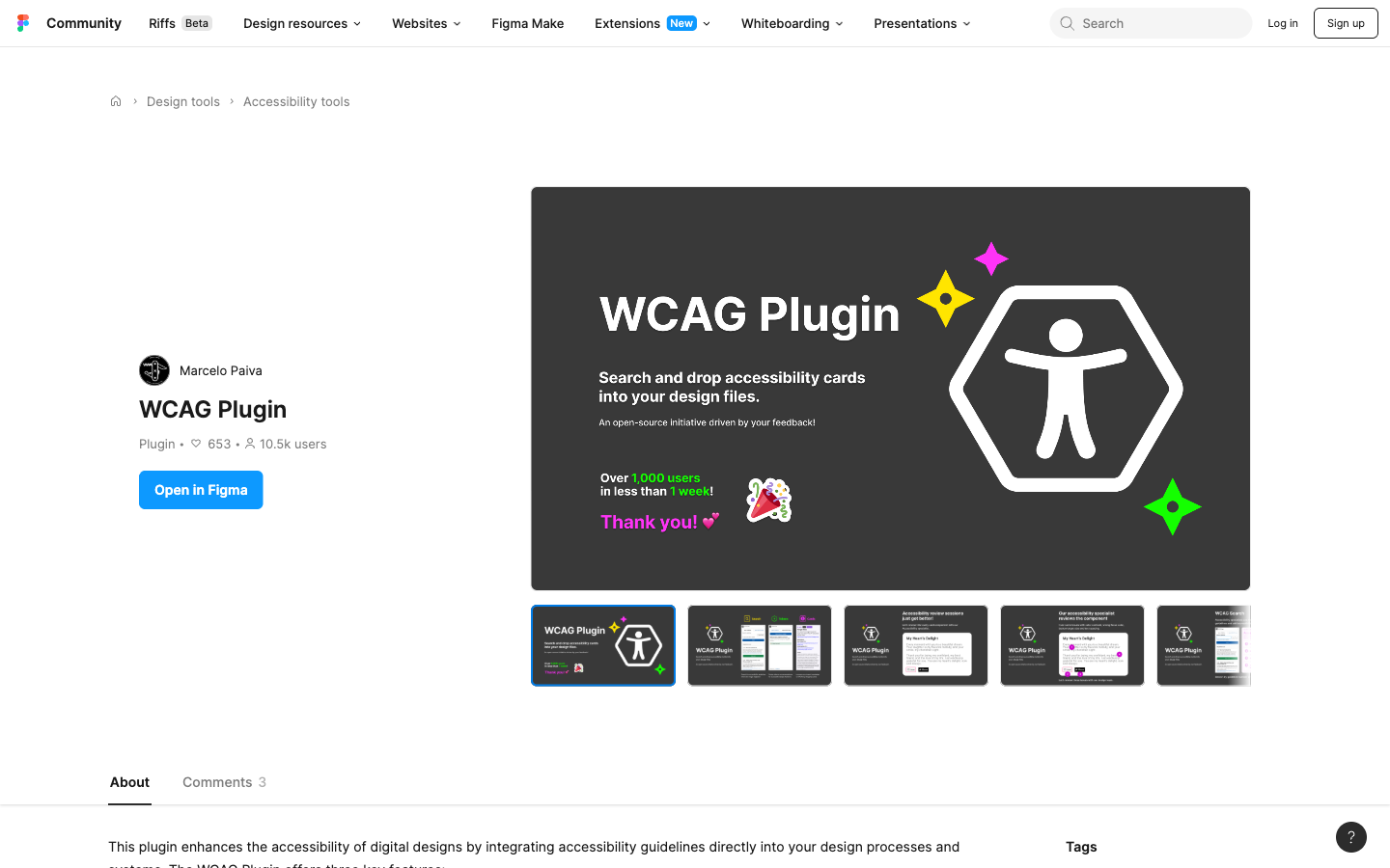 The plugin on the Figma Community, credited to Marcelo Paiva and listed under Accessibility tools. It shows 653 likes and 10.5 thousand users beside an Open in Figma button. The cover reads "WCAG Plugin — Search and drop accessibility cards into your design files", over a large outlined accessibility figure, with a note that it passed a thousand users in under a week. A filmstrip of five more screens sits below it.