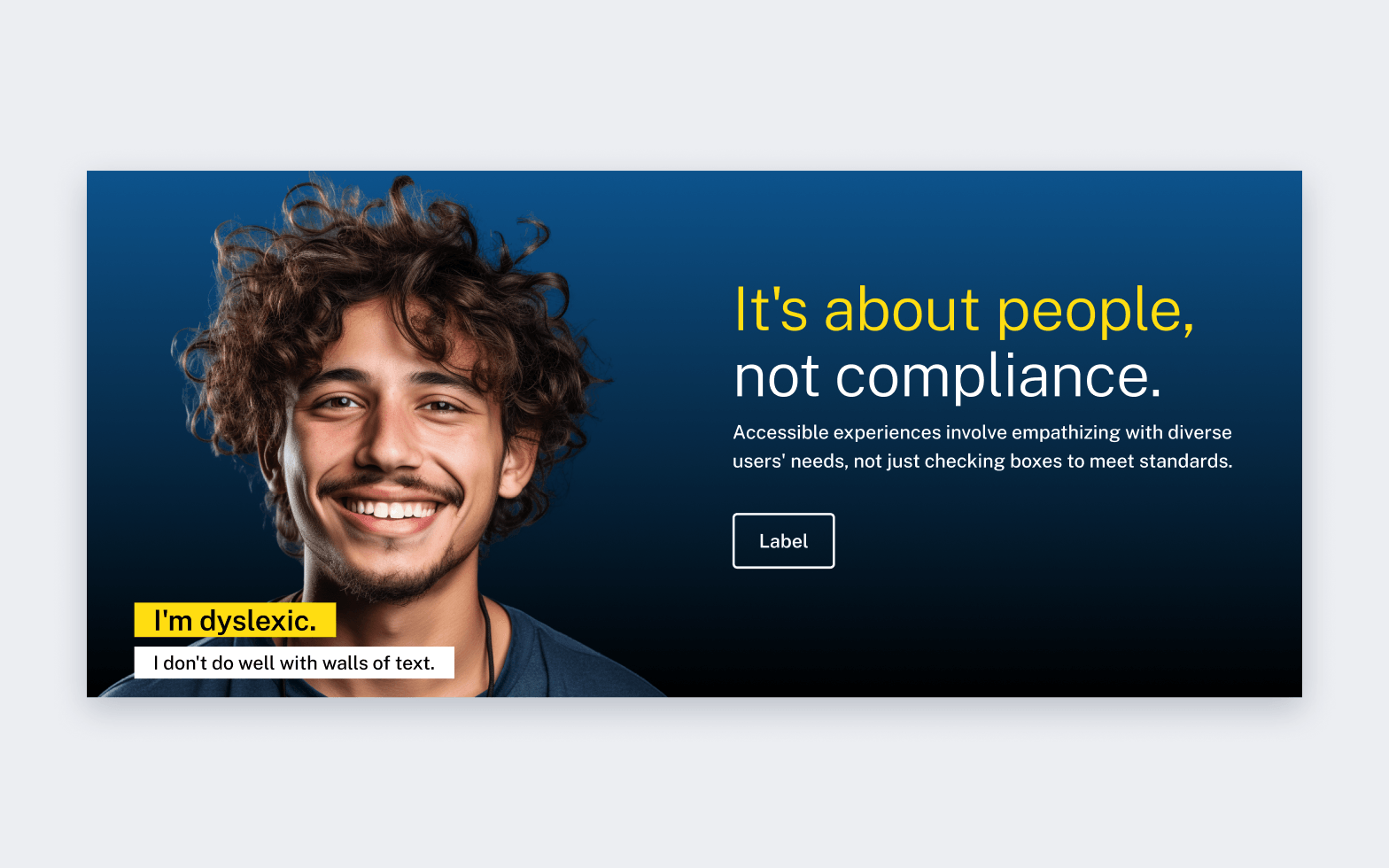 The hero banner from the Center's site, changing every second and a half. The headline stays: "It's about people, not compliance." The portrait beside it changes through nine people, each with a two-line tag. "I'm dyslexic. I don't do well with walls of text." "I have leukemia. I'm generally tired and nauseous." "I have down syndrome. I have not learned all you think I should." "I have low-vision. I love to read stories with very large text." "I have limited mobility. I take my time filling out forms." "I am Deaf. Online learning is my preferred way to study.", said by two different people. "I'm blind. My screen reader is my best friend." "I have ADHD. I always forget the reason why I entered a website."